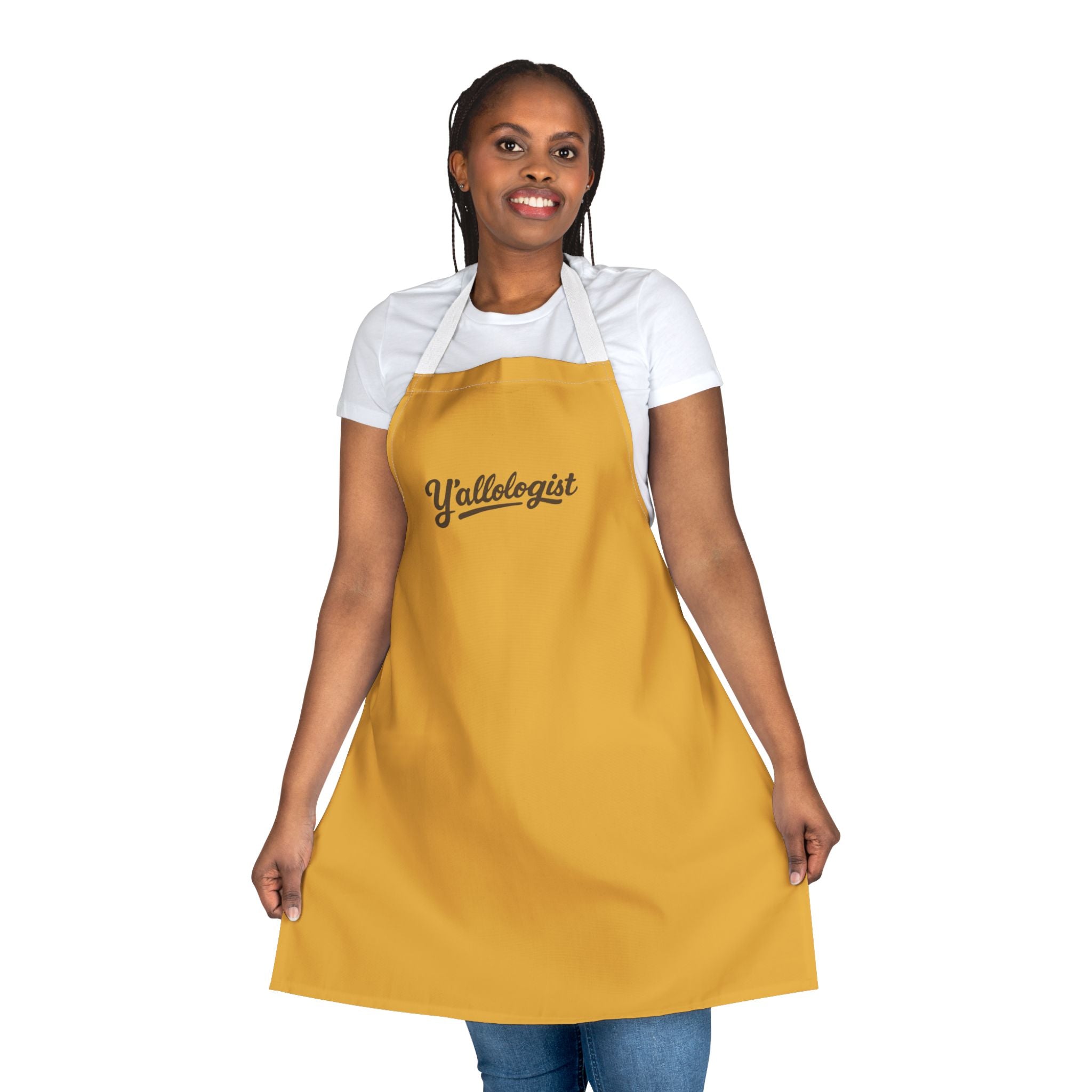 Y'allologist Yellow Apron with Brown Lettering